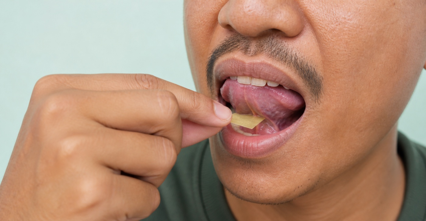 Close-up oral film diletakkan di bawah lidah