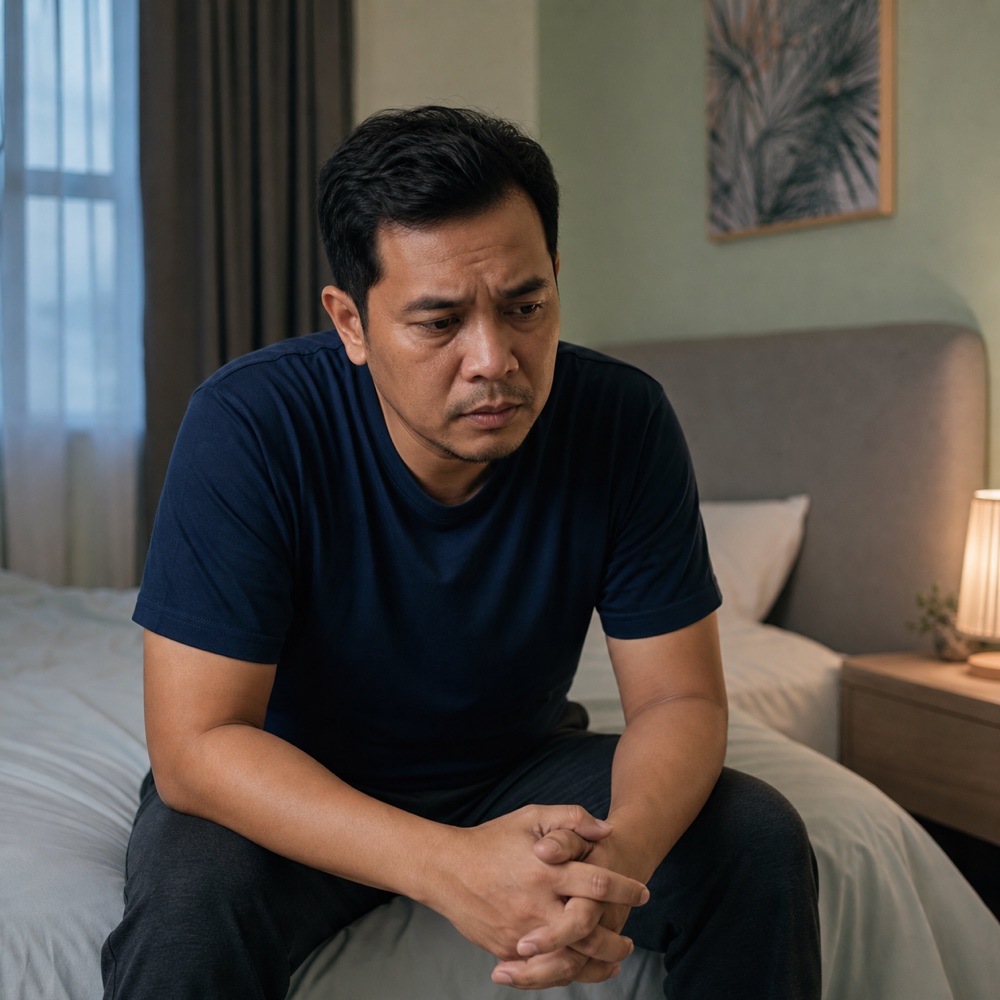 Lelaki Melayu duduk risau memikirkan masalah bersama pasangan