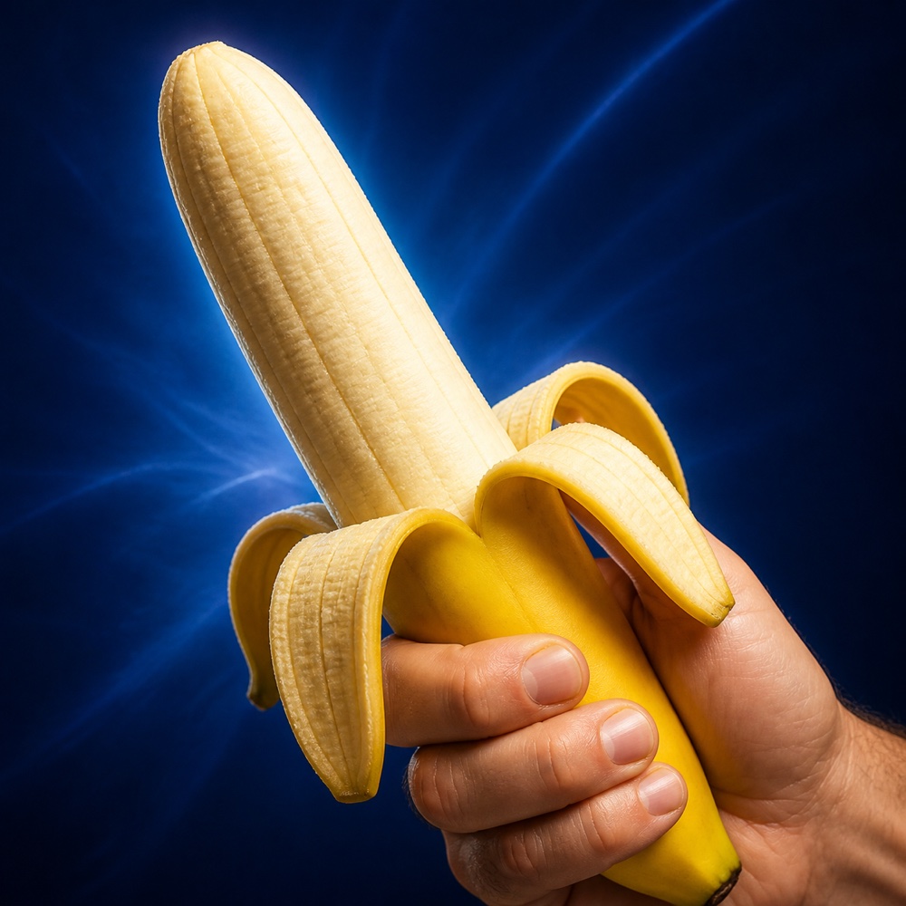 Tangan menggenggam pisang yang dikupas dalam keadaan tegak dan padat